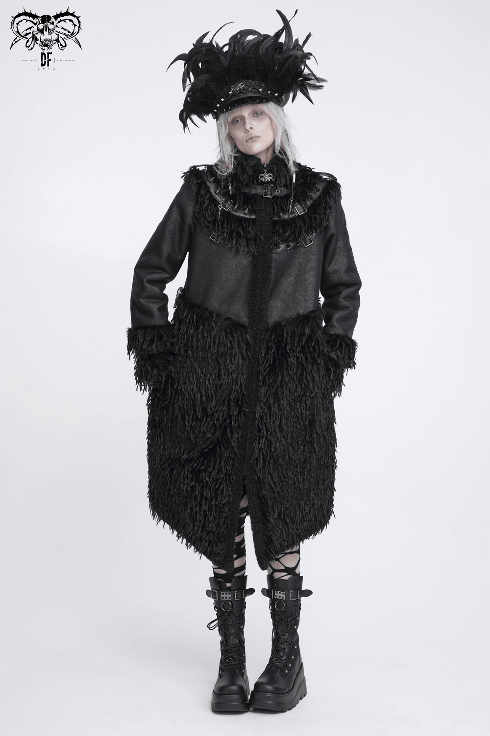 Dark Punk Overcoat with Spiked Shoulders and Pointed Hem, gothic long coat with shaggy trim and buckled high collar