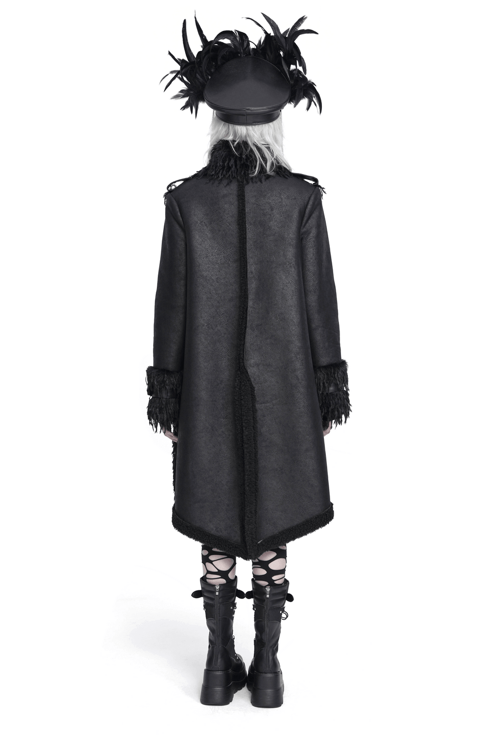 Dark Punk Overcoat with Spiked Shoulders and Pointed Hem, gothic black long coat with shaggy trim and buckle collar