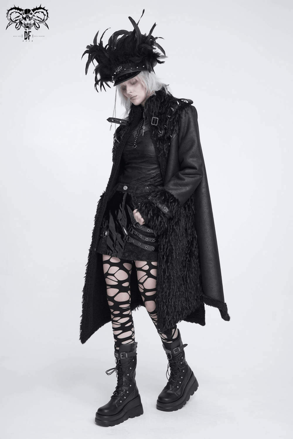 Dark Punk Overcoat with Spiked Shoulders and Pointed Hem gothic long coat with shaggy trim and buckled high collar