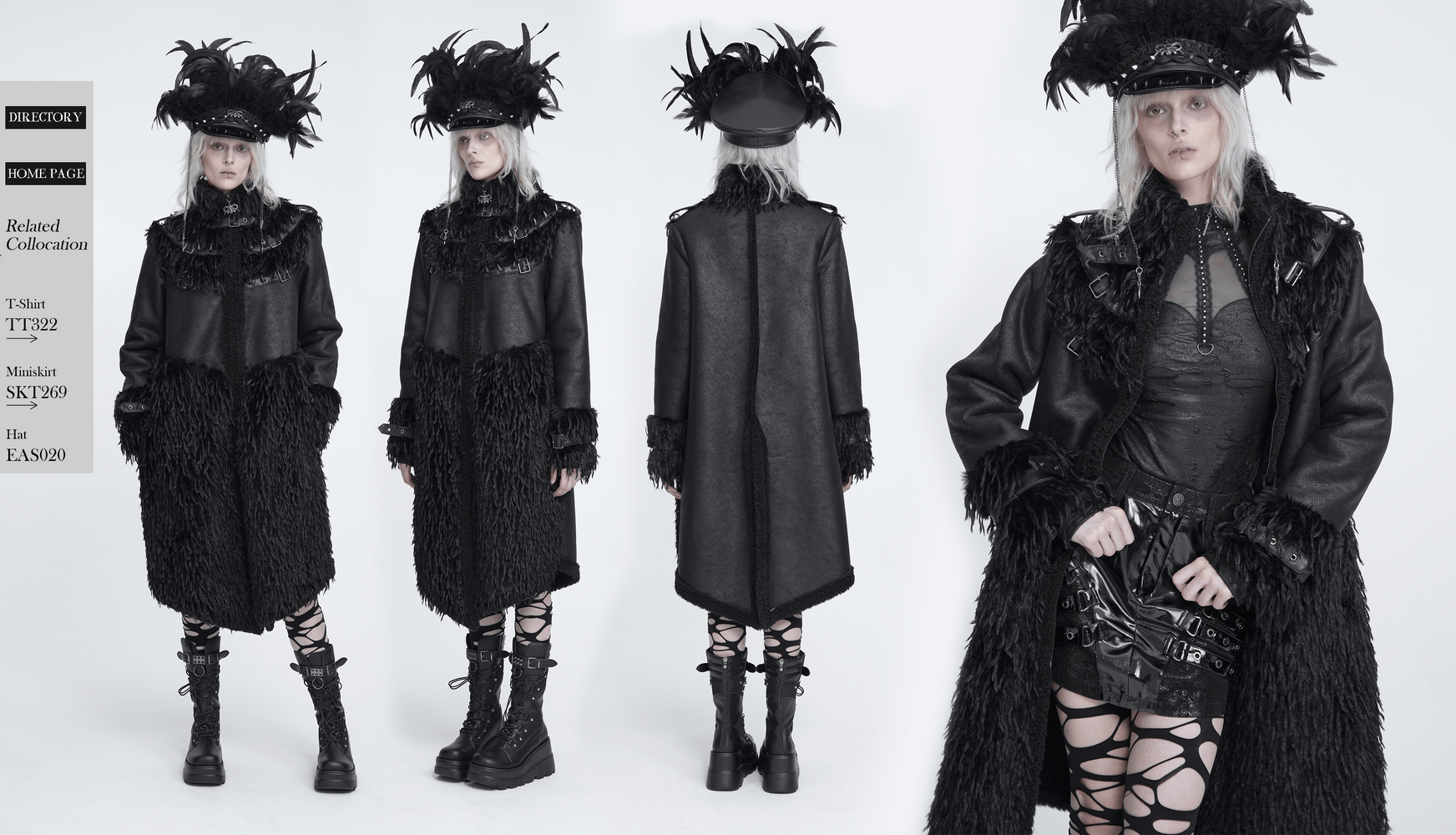 Dark Punk Overcoat with Spiked Shoulders and Pointed Hem gothic long coat with shaggy trim, buckled high collar, and fierce punk edge