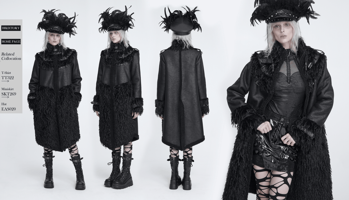 Dark Punk Overcoat with Spiked Shoulders and Pointed Hem gothic long coat with shaggy trim, buckled high collar, and fierce punk edge