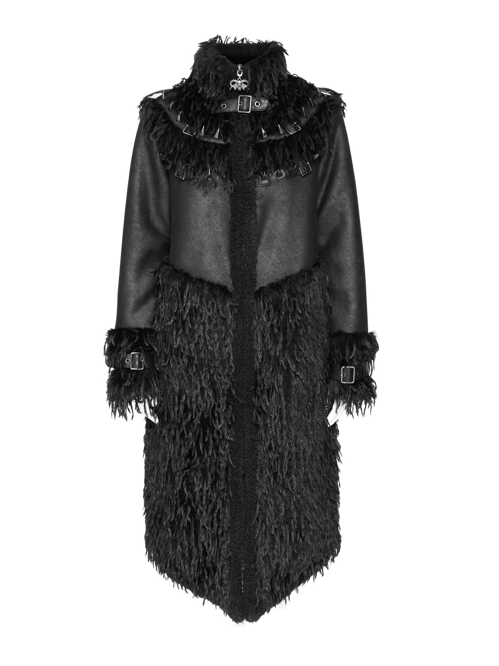 Dark Punk Overcoat with Spiked Shoulders and Pointed Hem, gothic long coat with shaggy trim and buckle collar