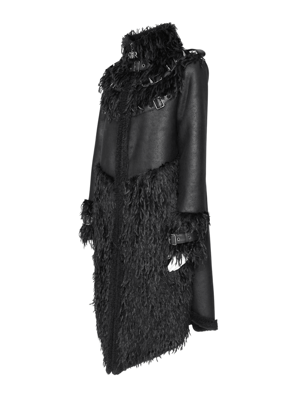 Dark Punk Overcoat with Spiked Shoulders and Pointed Hem, gothic long coat with shaggy trim and buckled high collar