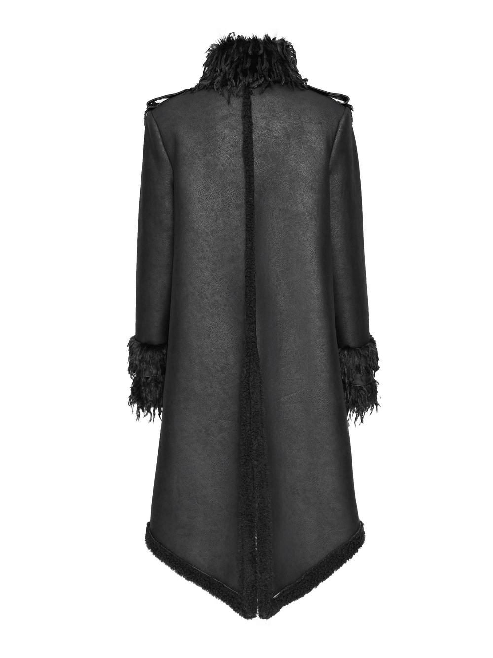 Dark Punk Overcoat with Spiked Shoulders and Pointed Hem, gothic black long coat with shaggy trim and buckled high collar