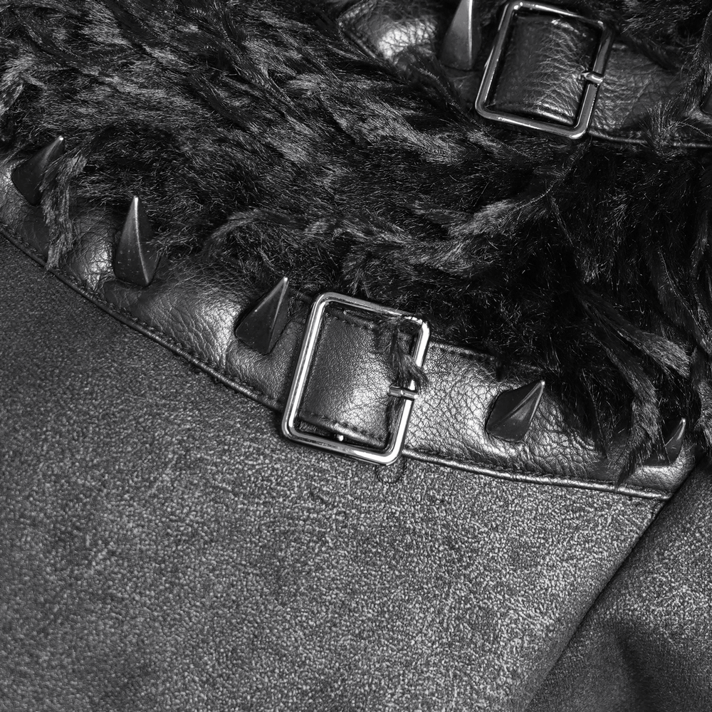 Dark Punk Overcoat with Spiked Shoulders and Pointed Hem gothic black coat with shaggy trim and buckle details