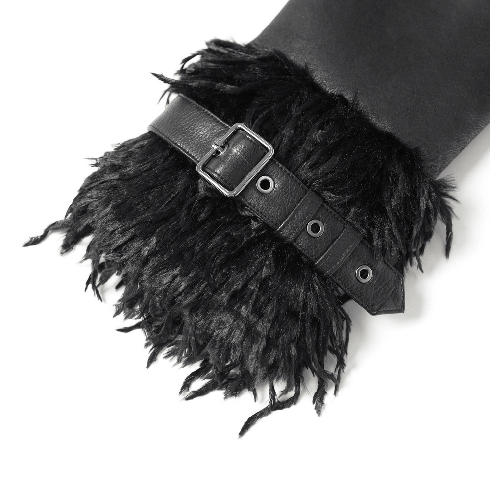 Dark Punk Overcoat with Spiked Shoulders and Pointed Hem black faux fur cuff with buckle detail