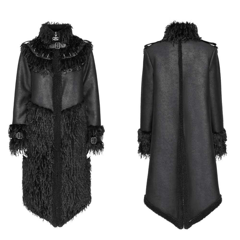 Dark Punk Overcoat with Spiked Shoulders and Pointed Hem, black gothic long coat with shaggy trim, buckled collar and cuffs