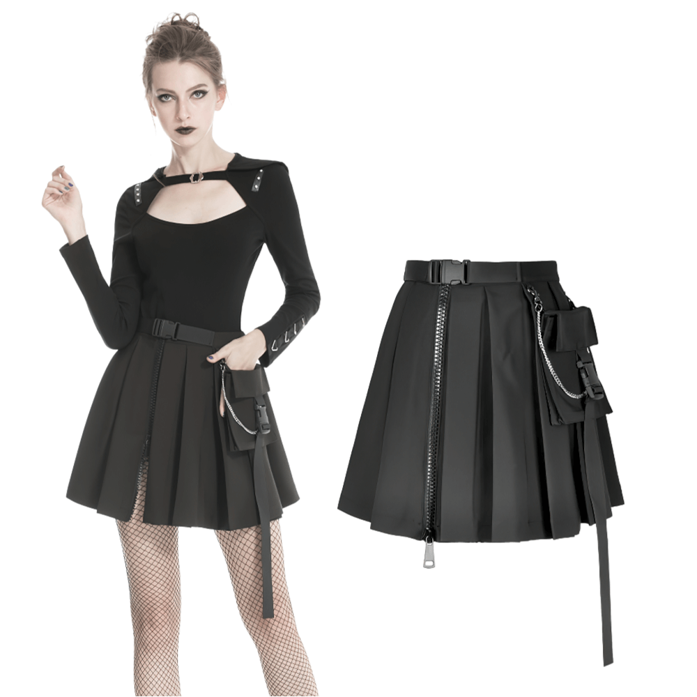 Edgy black pleated mini skirt with chain detail and pockets, styled for a gothic fashion look.