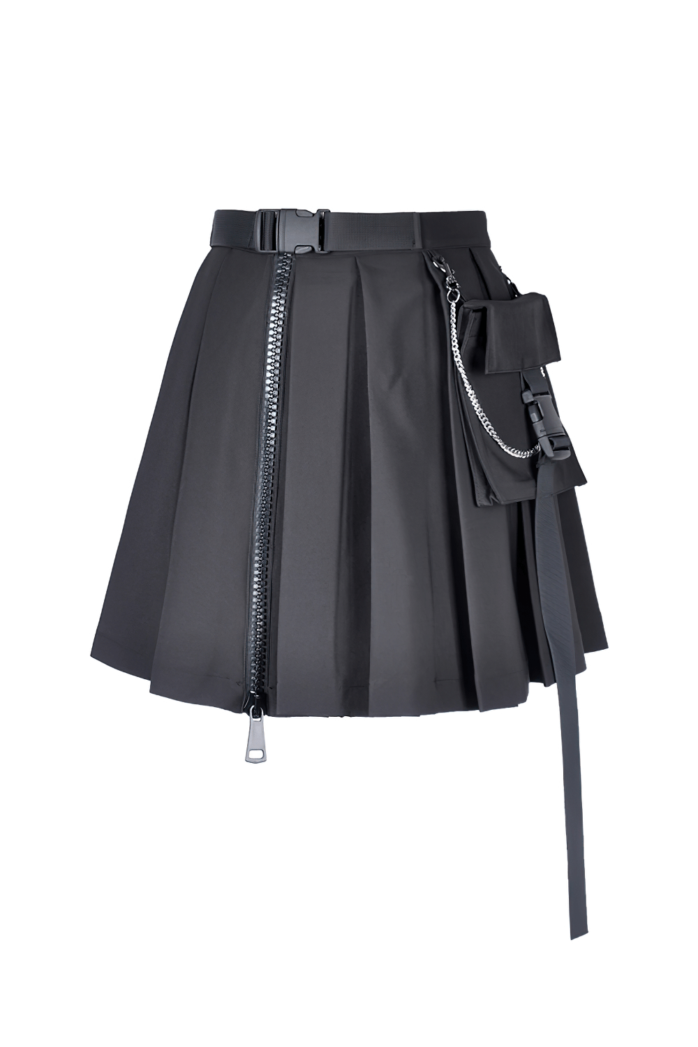 Dark punk pleated mini skirt with pocket and chain detail for an edgy gothic look.