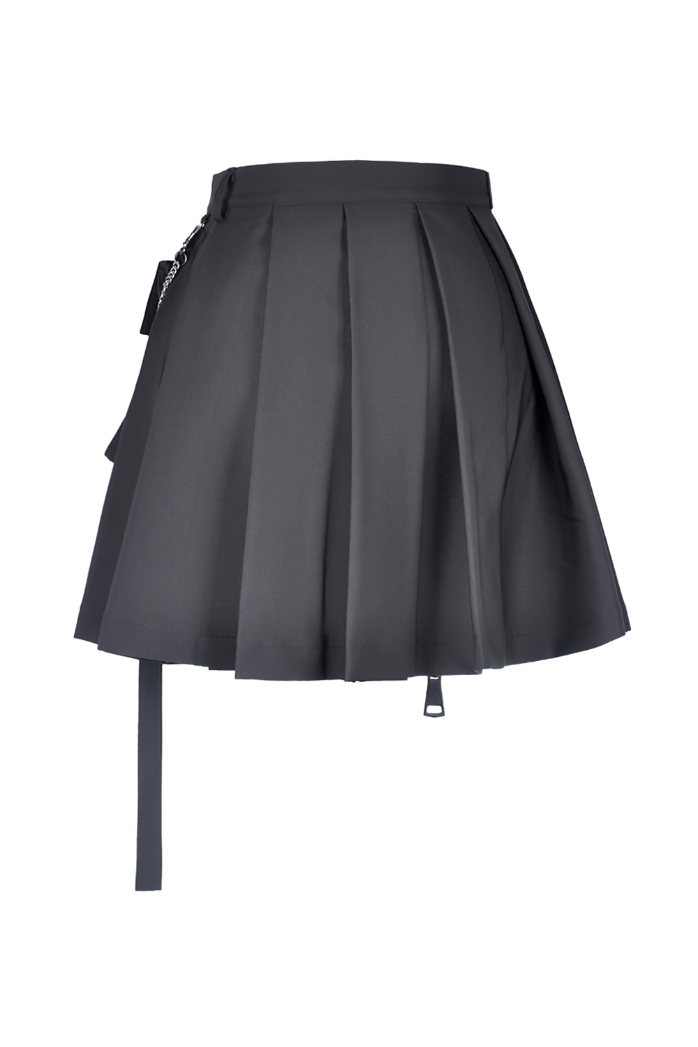 Black pleated mini skirt with chain detail and pockets, perfect for an edgy punk look.