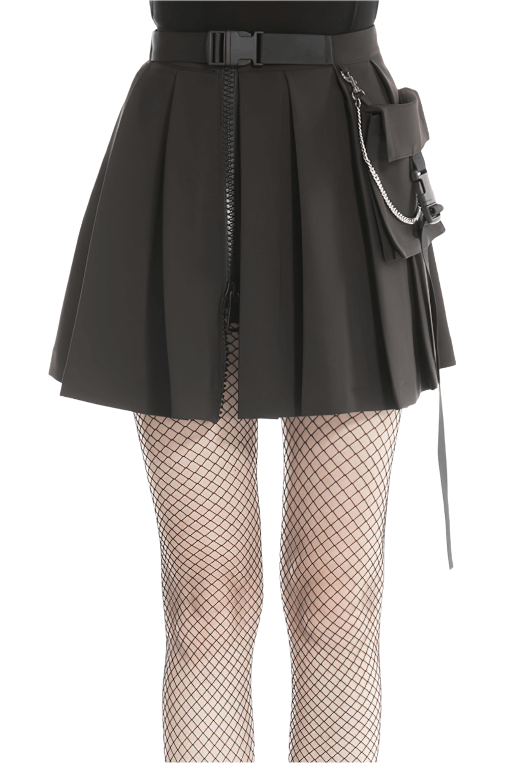 Dark punk pleated mini skirt with chain details and pocket, paired with fishnet stockings.