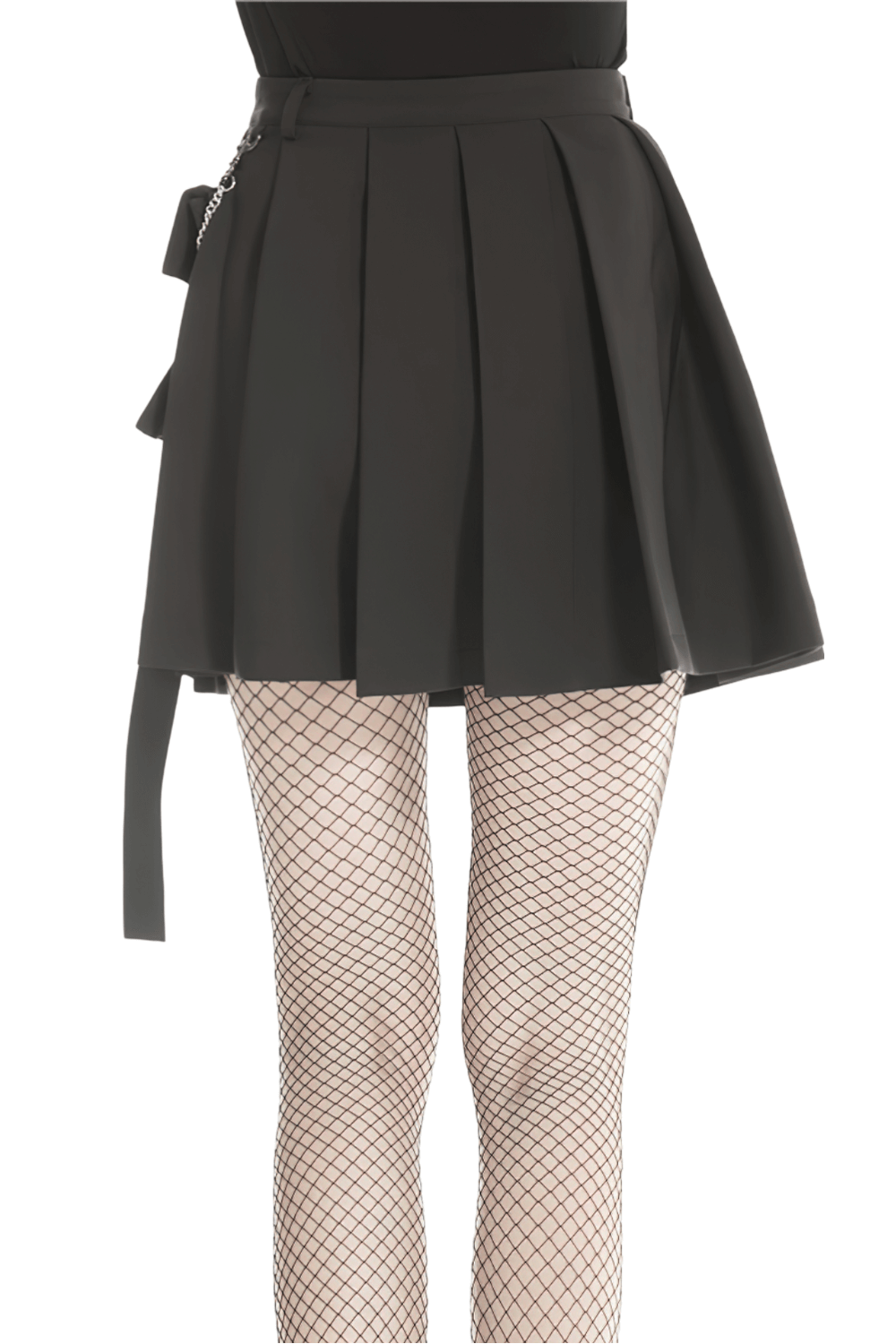 Dark punk pleated mini skirt with chain detail and fishnet stockings, perfect for edgy fashion outfits.