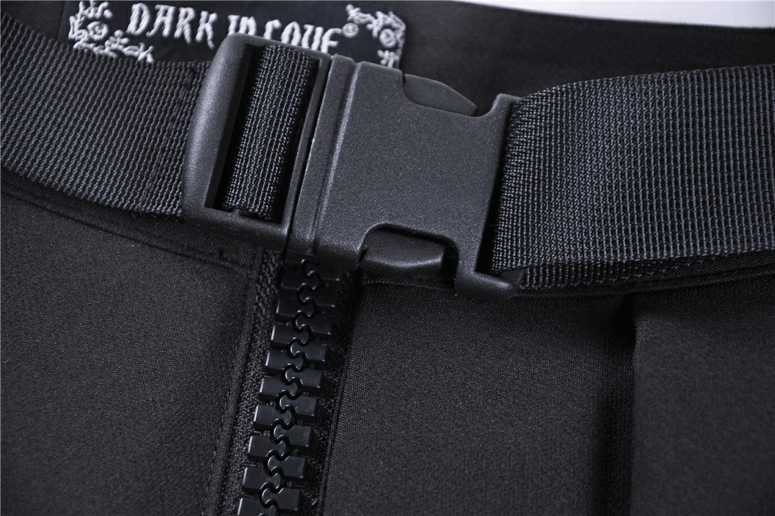 Close-up of the buckle and zipper detail on a Dark Punk Pleated Mini Skirt, showcasing edgy fashion elements.
