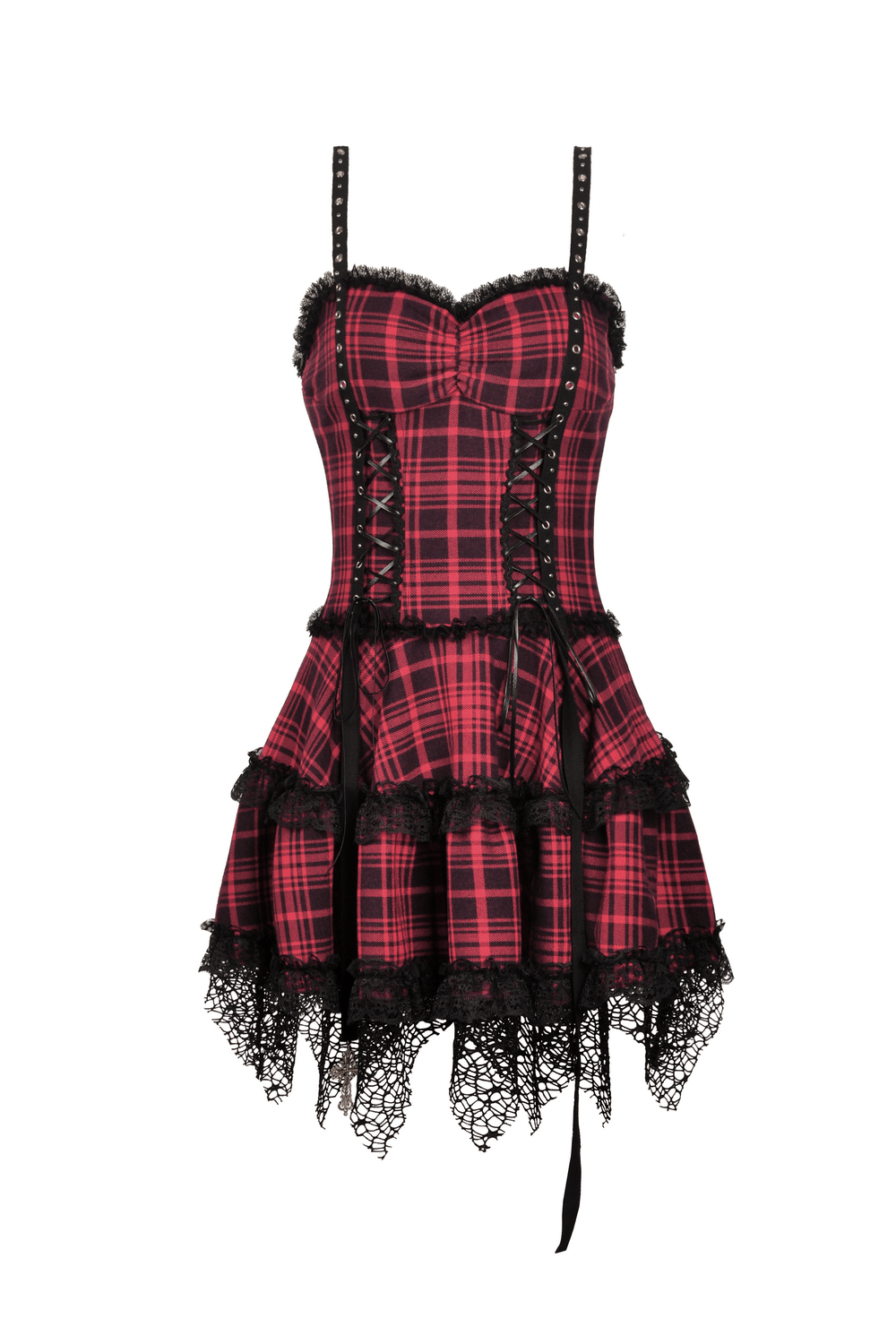 Edgy red and black plaid mini dress with lace accents and metal trim, perfect for goth and grunge styles.