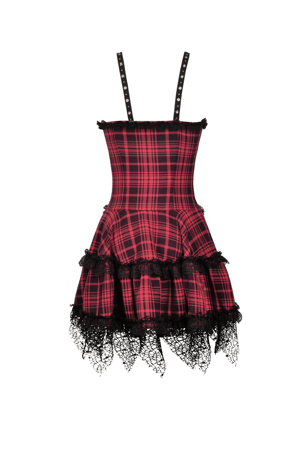 Dark Punk Mini Dress in Red and Black Plaid with Black Lace Trim and Metal Accents for a Grunge Style.
