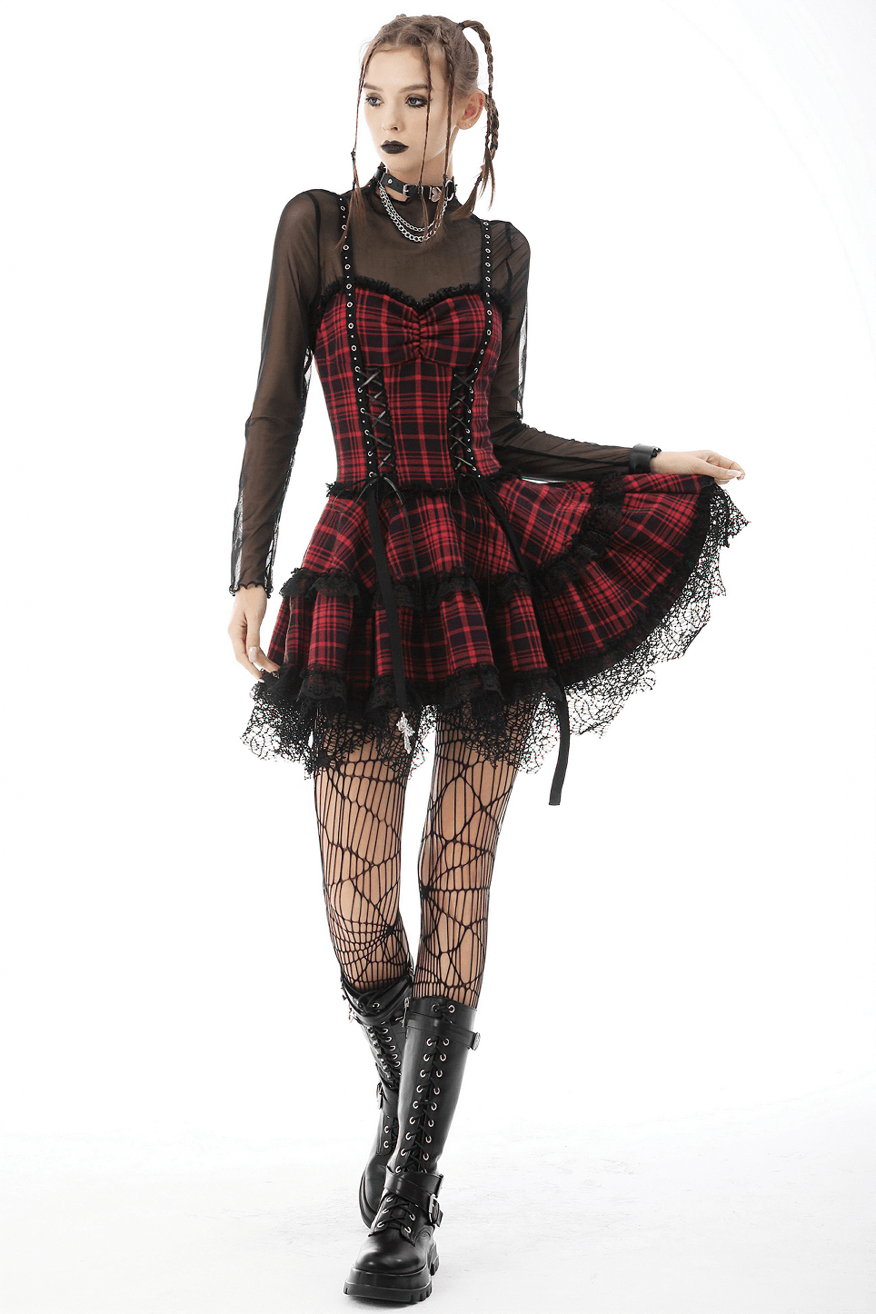 Goth Emo Grunge Dark Punk Mini Dress featuring red and black plaid, mesh sleeves, and lace trim for edgy rockstar vibes.