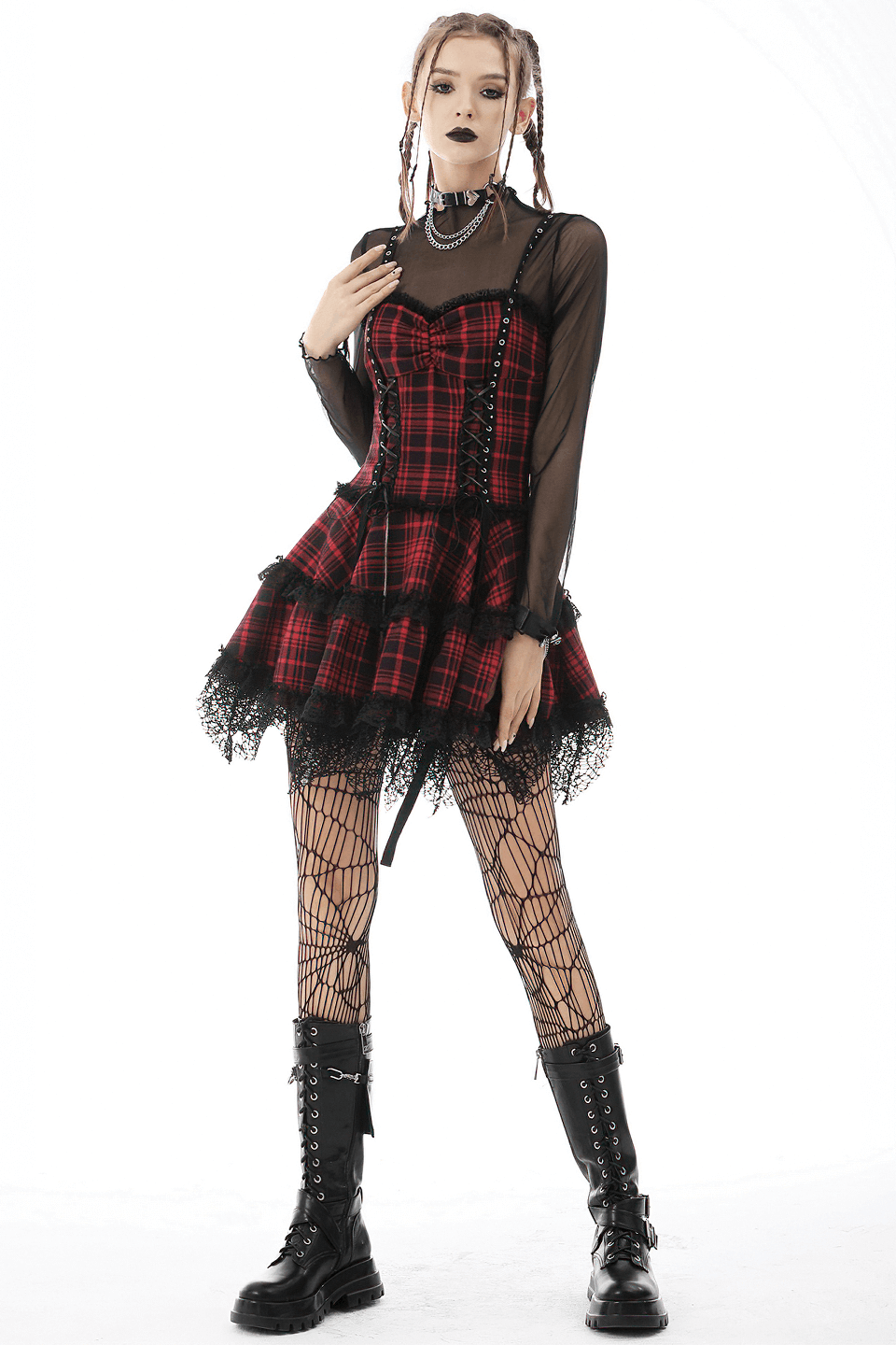 Edgy red and black plaid mini dress with lace trim, layered skirt, and metal accents, perfect for goth and punk style.