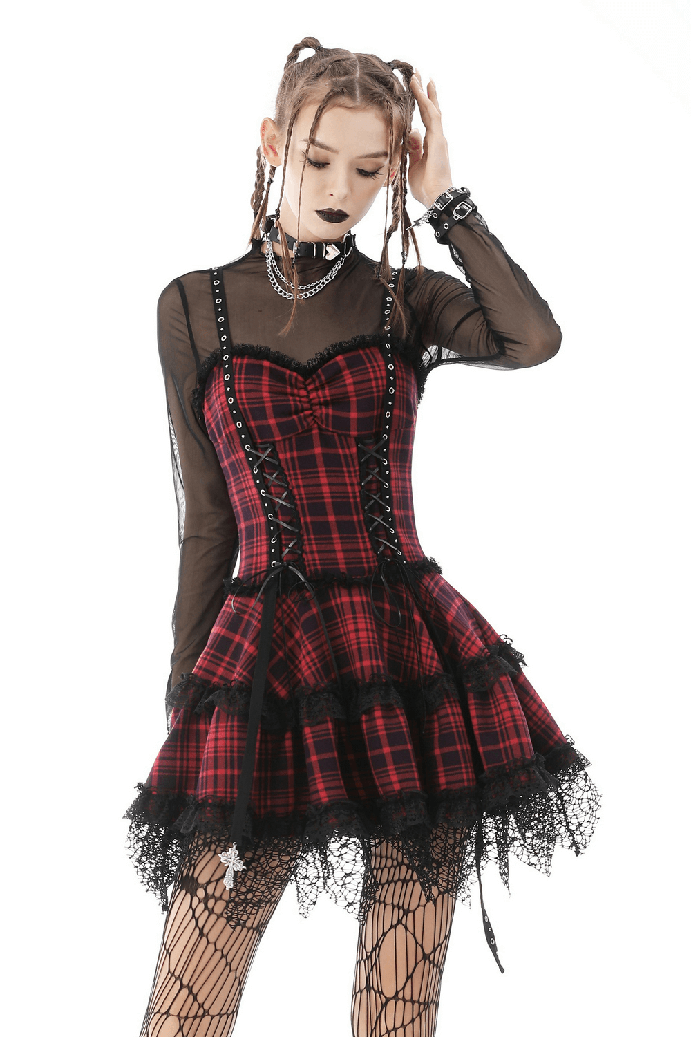 Dark Punk Studded Mini Dress with Black Lace - Goth Emo Grunge