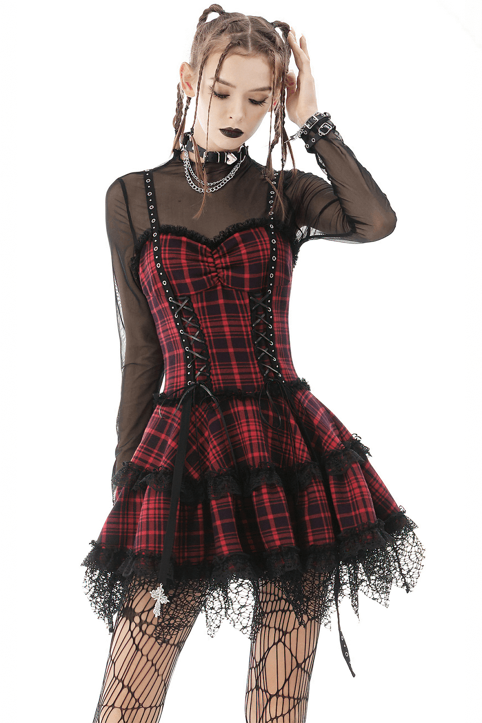 Dark punk red and black plaid mini dress with lace, metal accents, and adjustable straps - edgy goth fashion