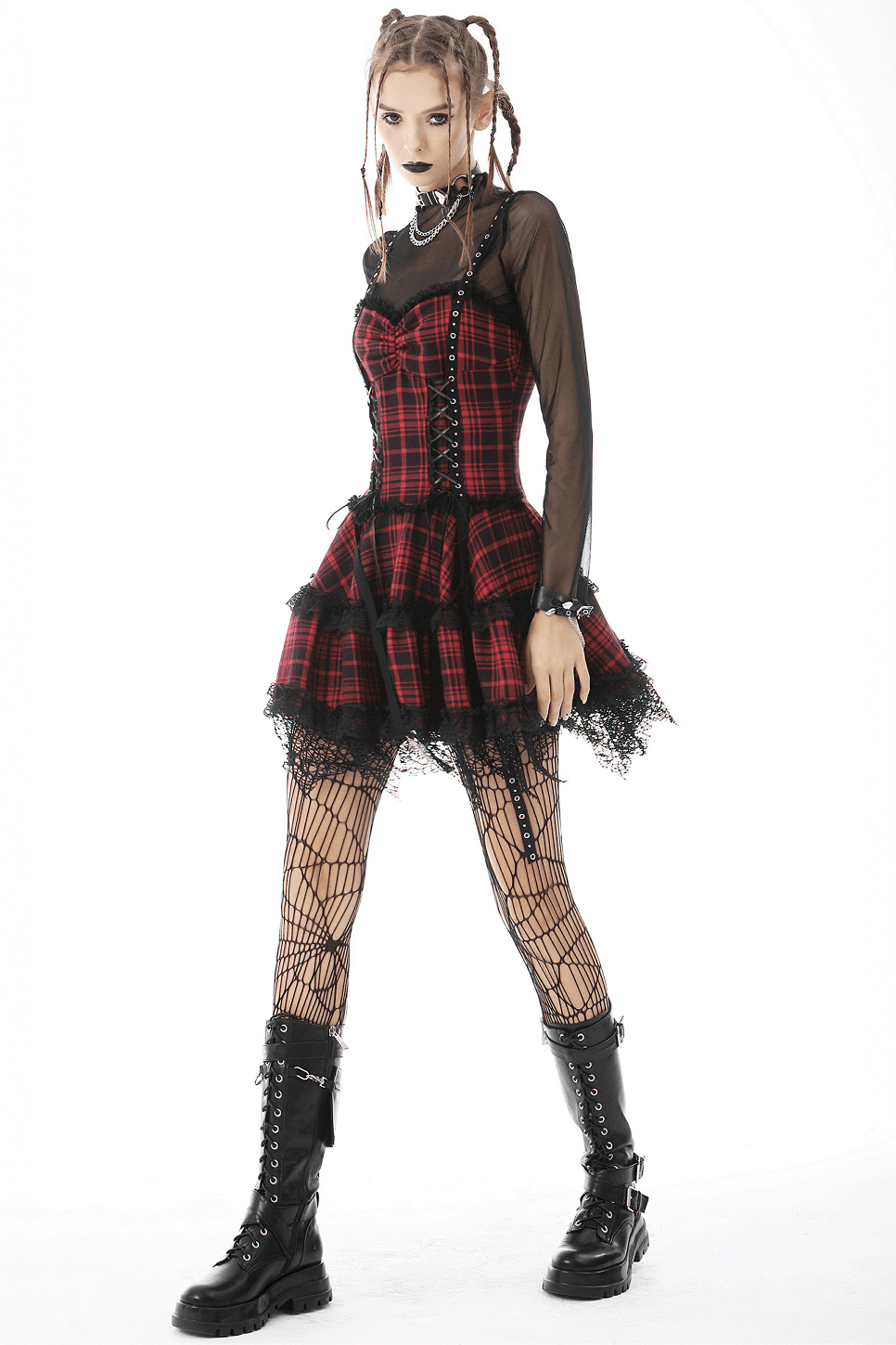 Dark punk mini dress with red and black plaid, lace trim, and fishnet stockings, perfect for goth or emo style.