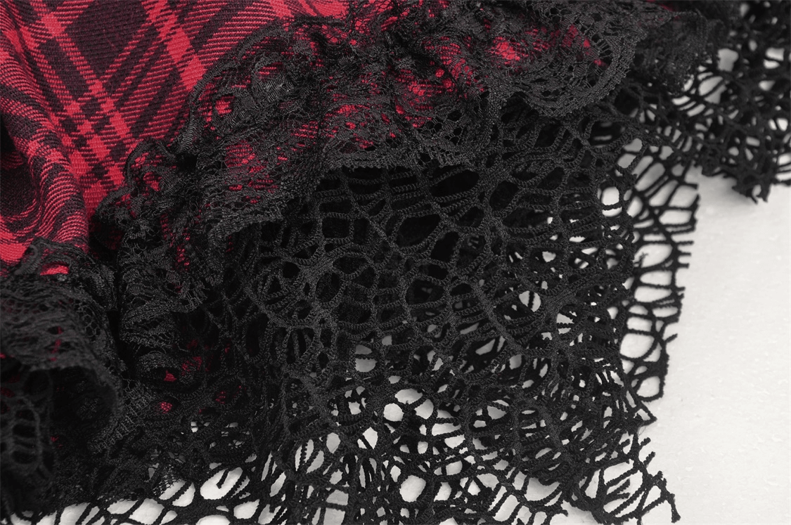 Close-up of red and black plaid fabric with intricate black lace trim, perfect for a goth emo grunge mini dress.