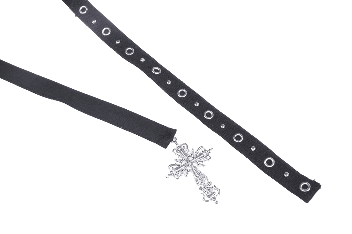 Black lace choker with metal accents and cross pendant for goth, emo, and grunge styles.