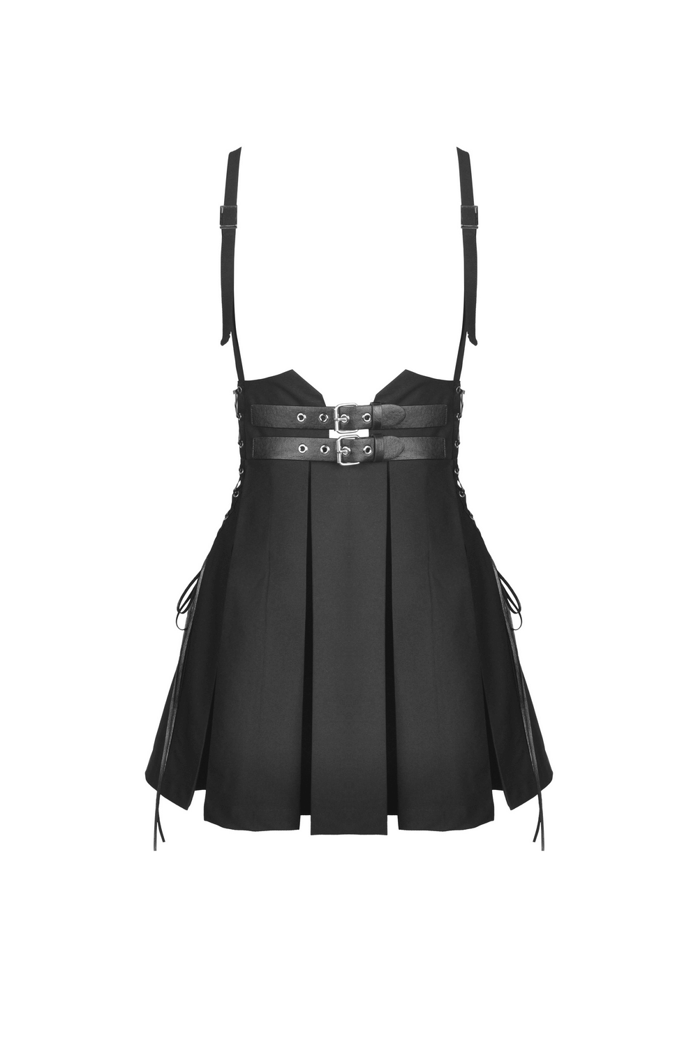 Dark punk suspender skirt with buckle detailing and pleated design, perfect for gothic and edgy outfits.