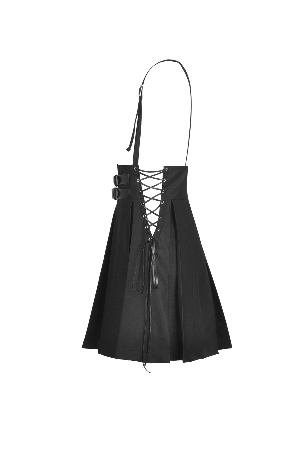 Dark punk suspender skirt with buckle detailing and lace-up back, perfect for a gothic style.