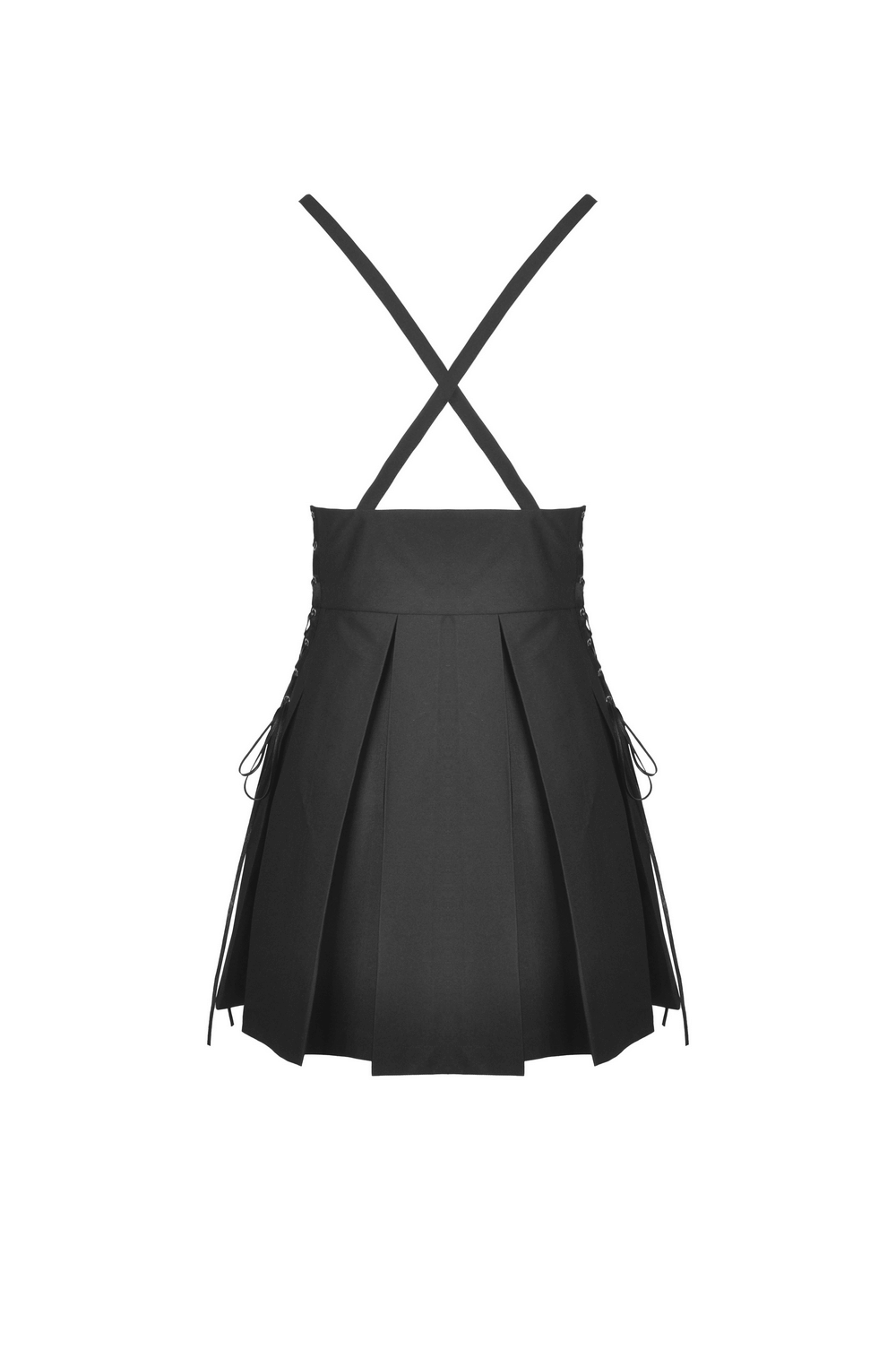 Back view of dark punk suspender skirt with buckle detailing and pleats, perfect for goth-inspired outfits.
