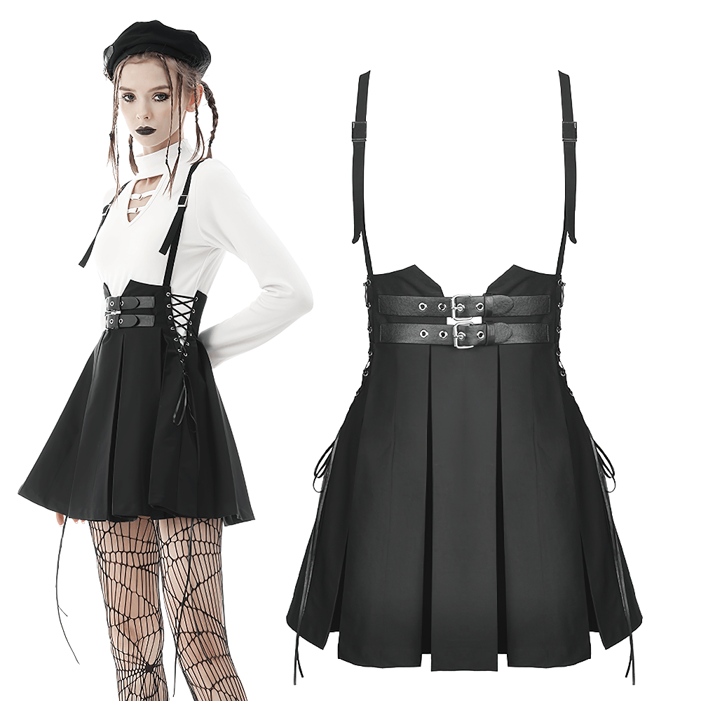 Gothic pleated mini skirt with buckle straps, stylish black suspender design for punk rock outfits.
