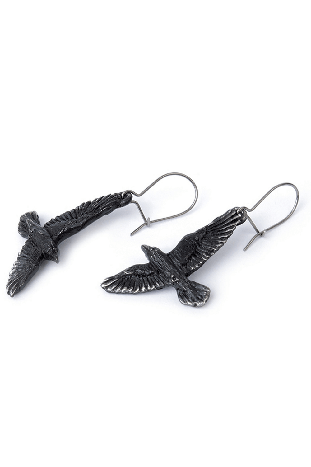 Dark raven earrings with intricate wing design, perfect for a gothic style statement.