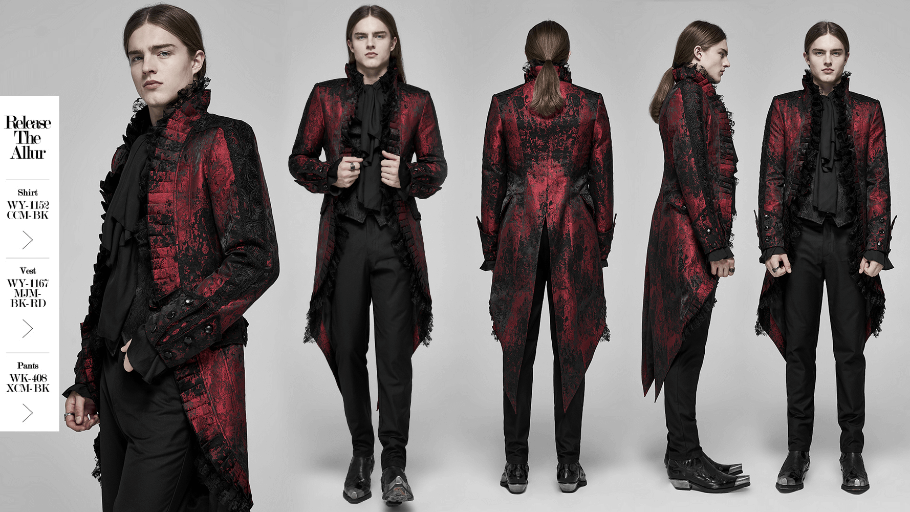 Gothic dark red rococo lace tuxedo coat with ruffle details, showcasing opulent Victorian style.