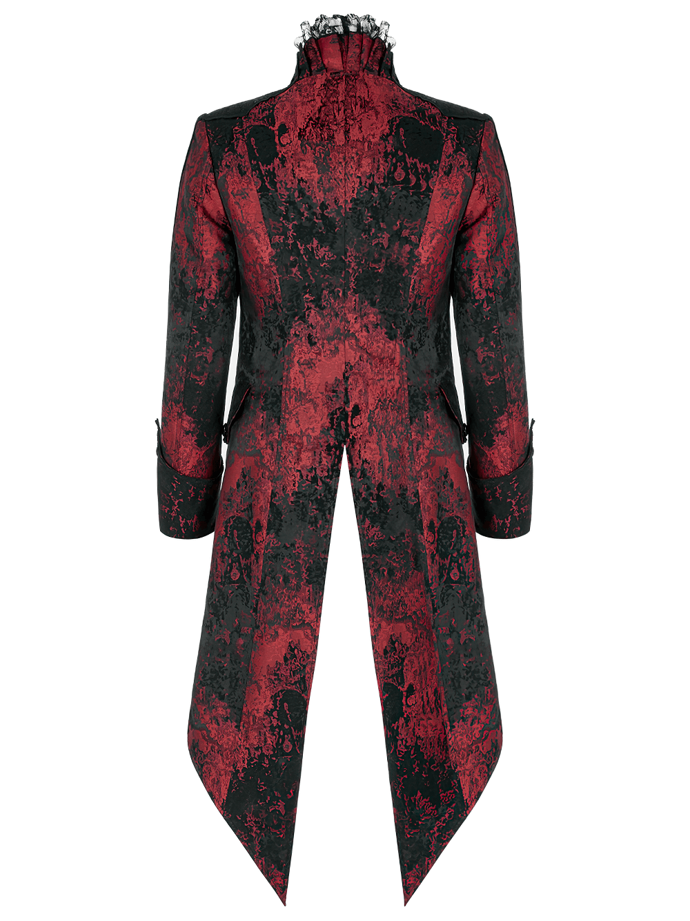 Back view of Dark Red Rococo Lace Tuxedo Coat with ruffle details and elegant gothic design.