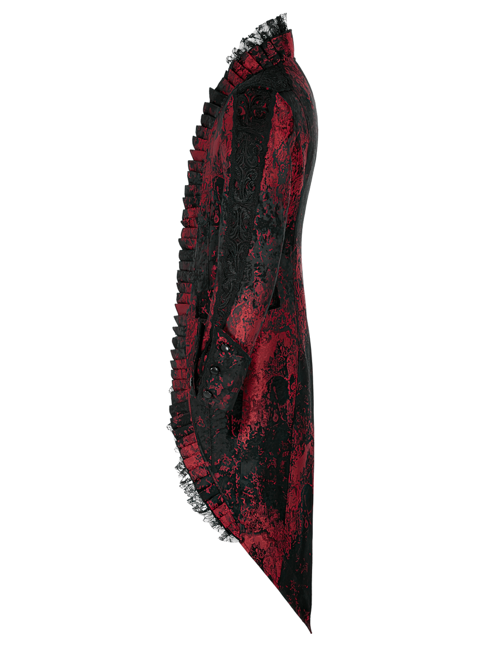Side view of a Dark Red Rococo Lace Tuxedo Coat with ruffles, showcasing intricate lace and elegant design.