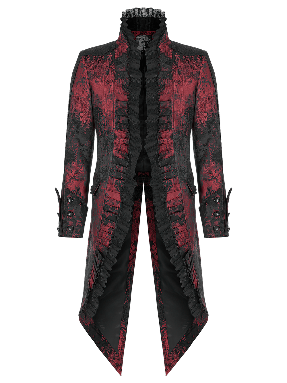 Gothic Dark Red Rococo Lace Tuxedo Coat with ruffle details and shiny clasps for a dramatic elegant style.