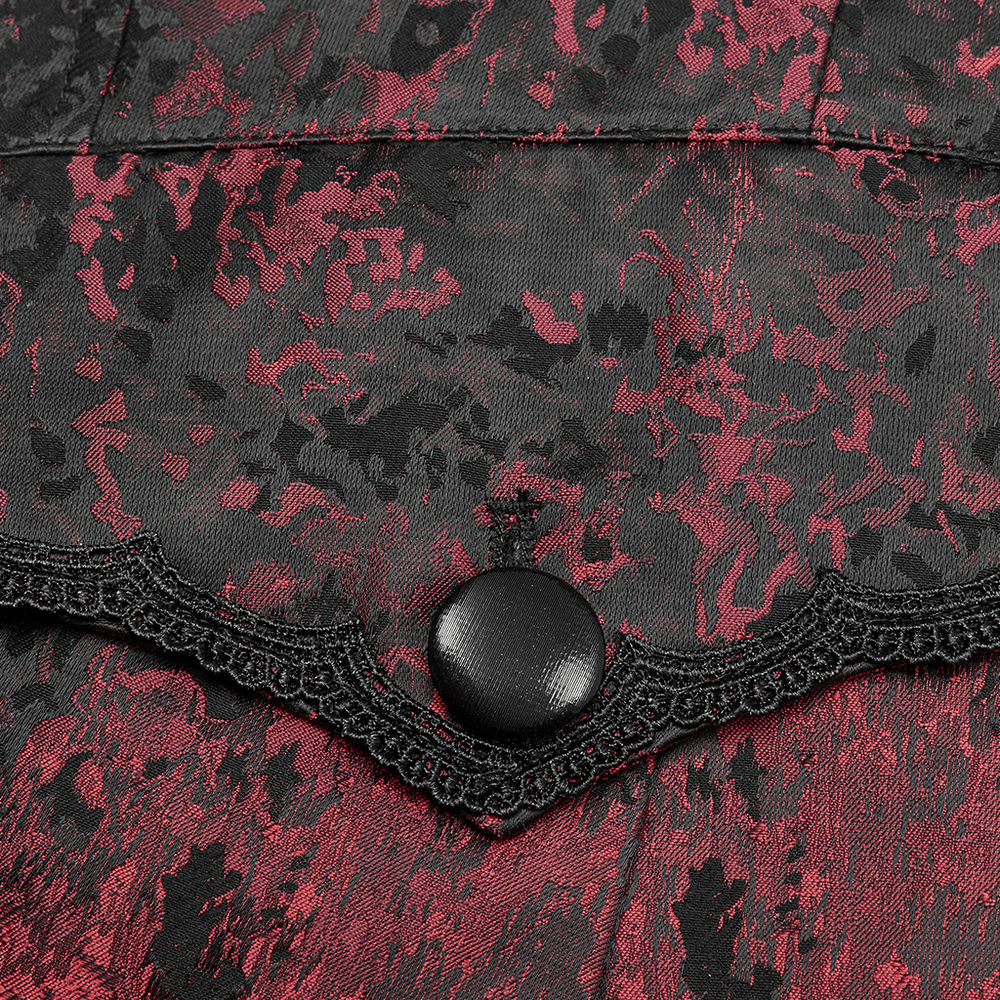 Close-up of the intricate dark red and black lace detailing on the Rococo tuxedo coat, showcasing elegant finishes.