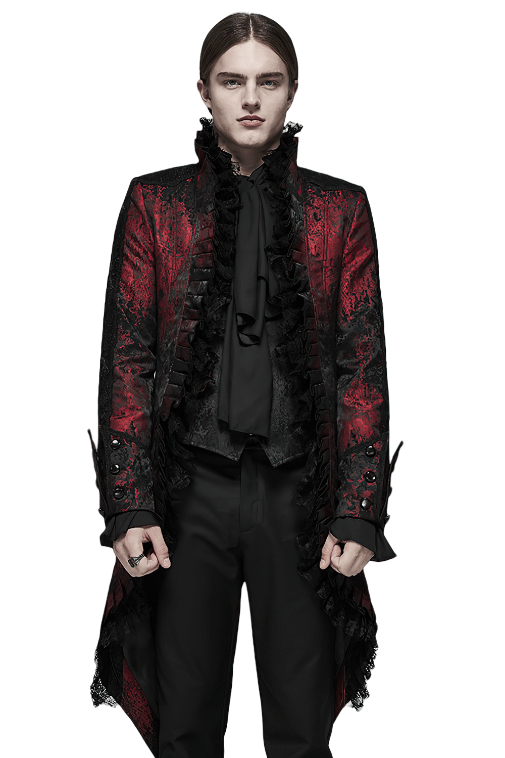 Gothic Dark Red Rococo Lace Tuxedo Coat featuring ruffle details, perfect for elegant Victorian-inspired styling.