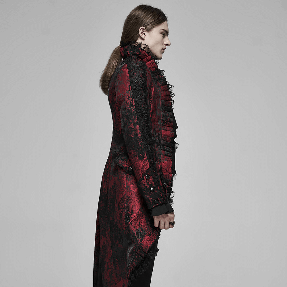 Dark red rococo lace tuxedo coat with ruffle details, showcasing gothic elegance and dramatic fit.