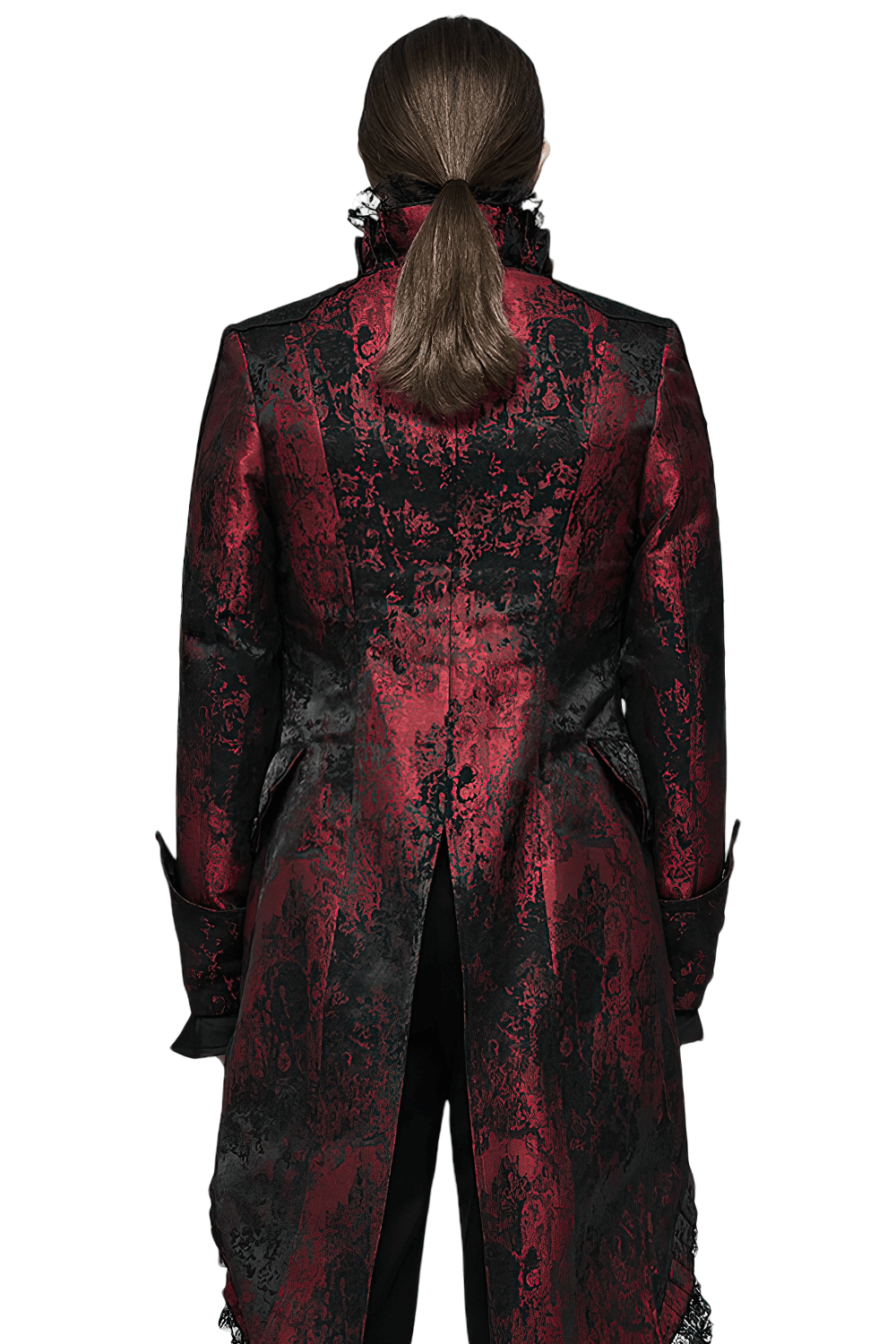 Back view of a gothic dark red rococo lace tuxedo coat with pleated lace and elegant detailing.