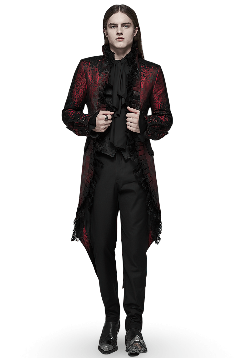 Gothic Dark Red Rococo Lace Tuxedo Coat with ruffle details for an elegant Victorian-inspired style.