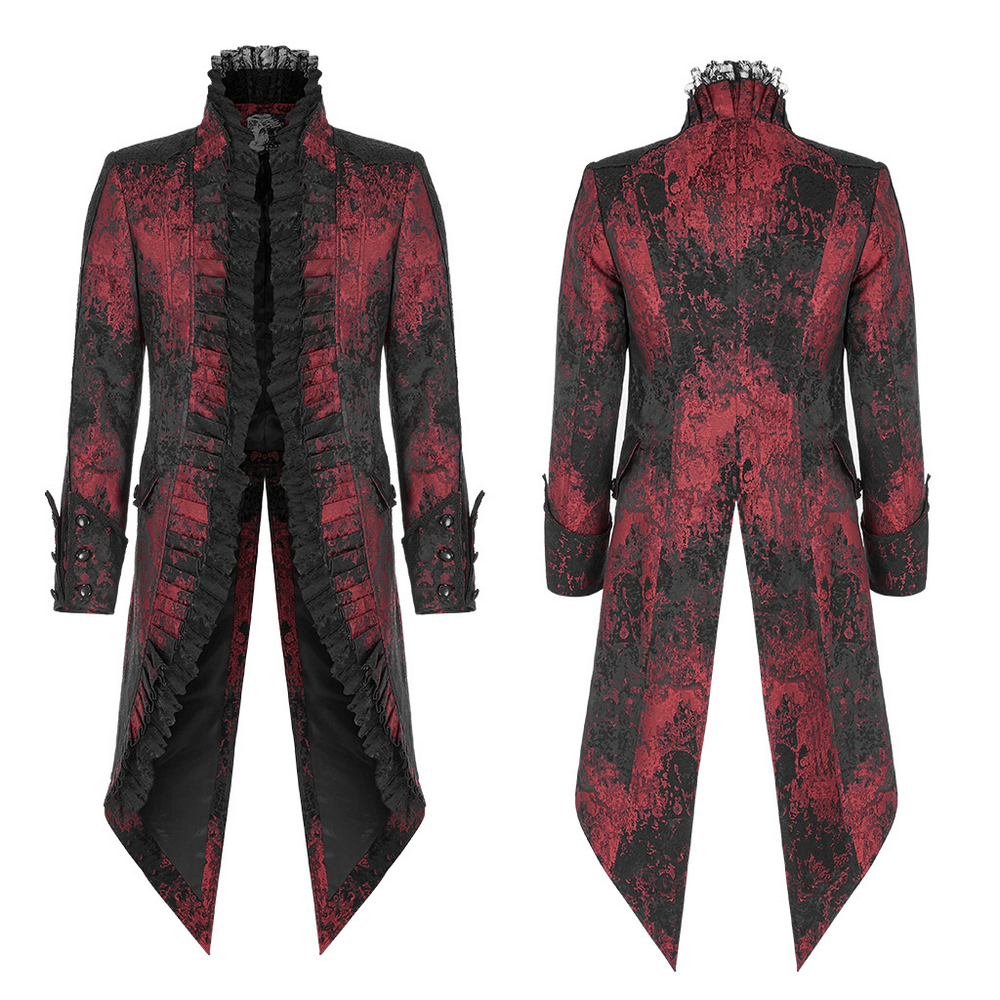 Dark red rococo lace tuxedo coat with ruffles and elegant detailing, perfect for gothic and Victorian-inspired fashion.