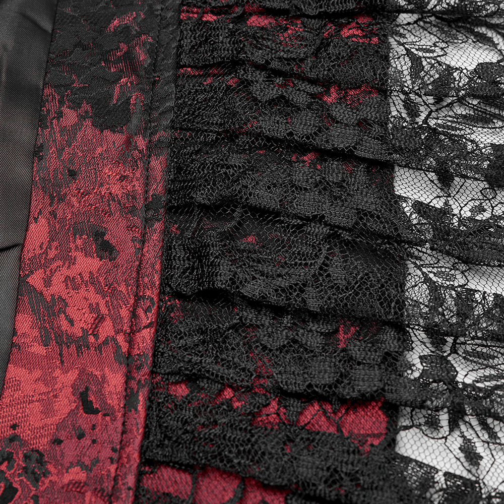 Close-up of dark red and black rococo lace textures, showcasing pleated lace details for an elegant gothic look.