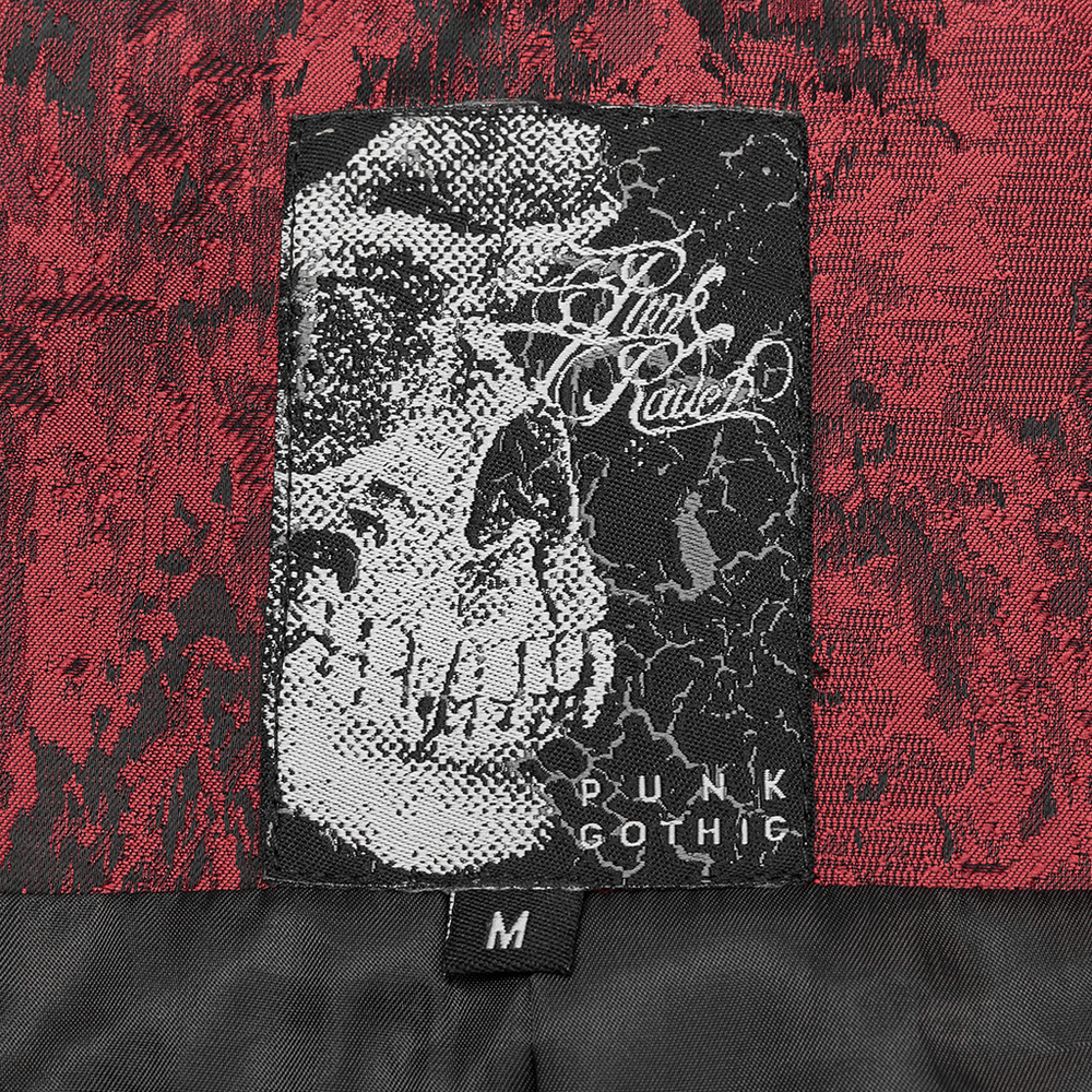 Close-up of a gothic skull patch on dark red fabric, featuring 'Punk Gothic' lettering and size label M.