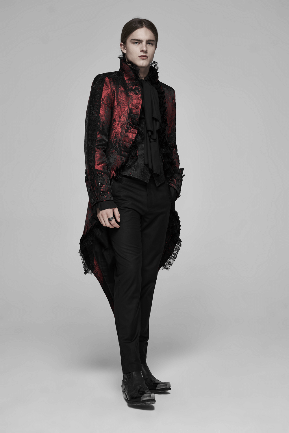 Gothic dark red rococo lace tuxedo coat with ruffle details, showcasing elegant Victorian-inspired style.