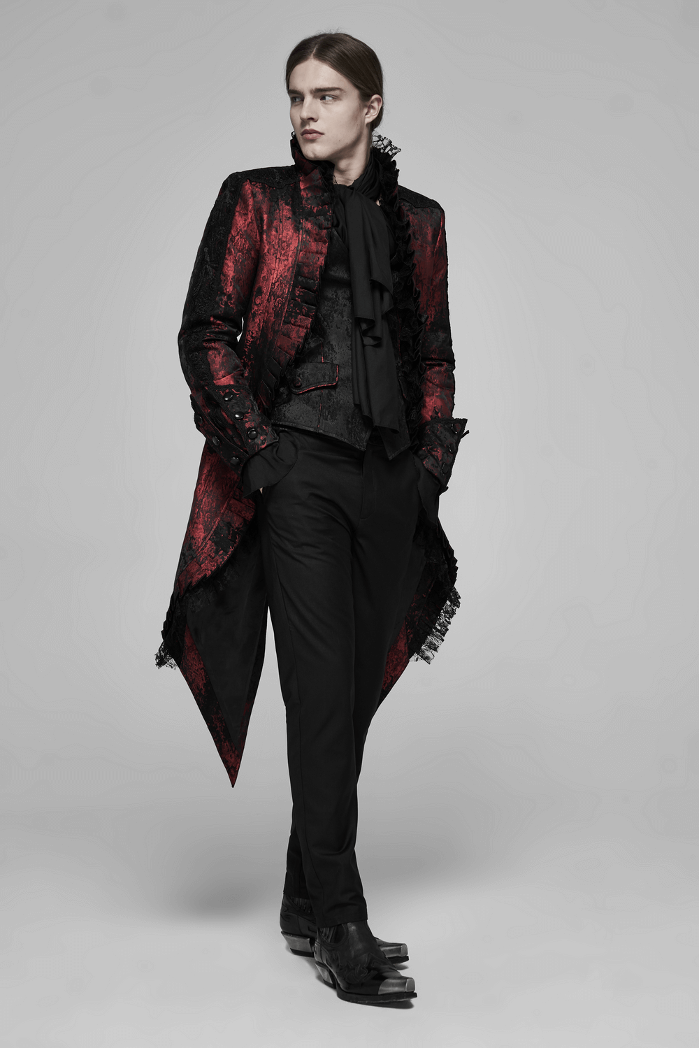 Elegant gothic dark red rococo lace tuxedo coat with ruffle details, perfect for dramatic Victorian looks.