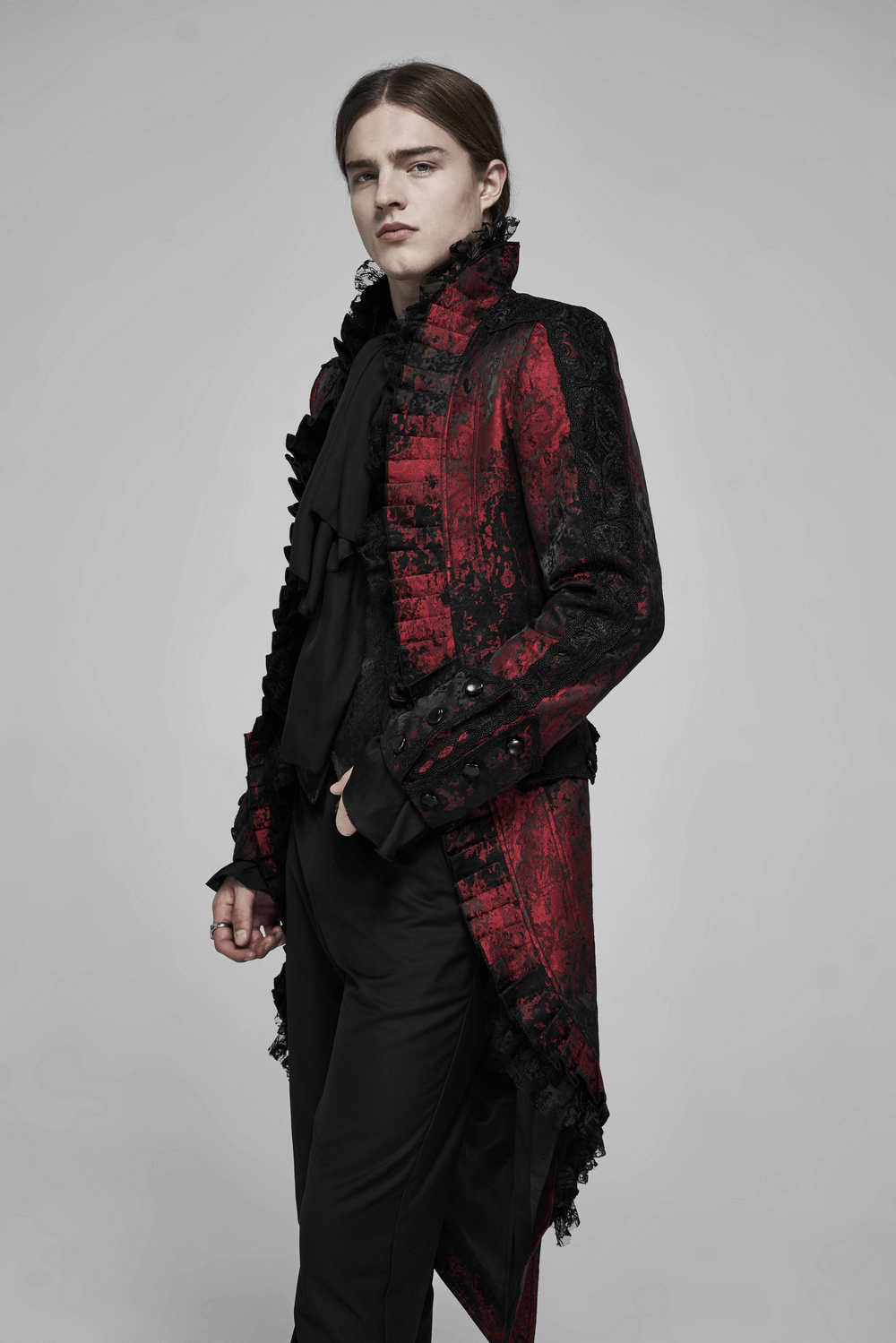 Gothic Dark Red Rococo Lace Tuxedo Coat showcasing elegant ruffle details and a dramatic fit for a stylish look.