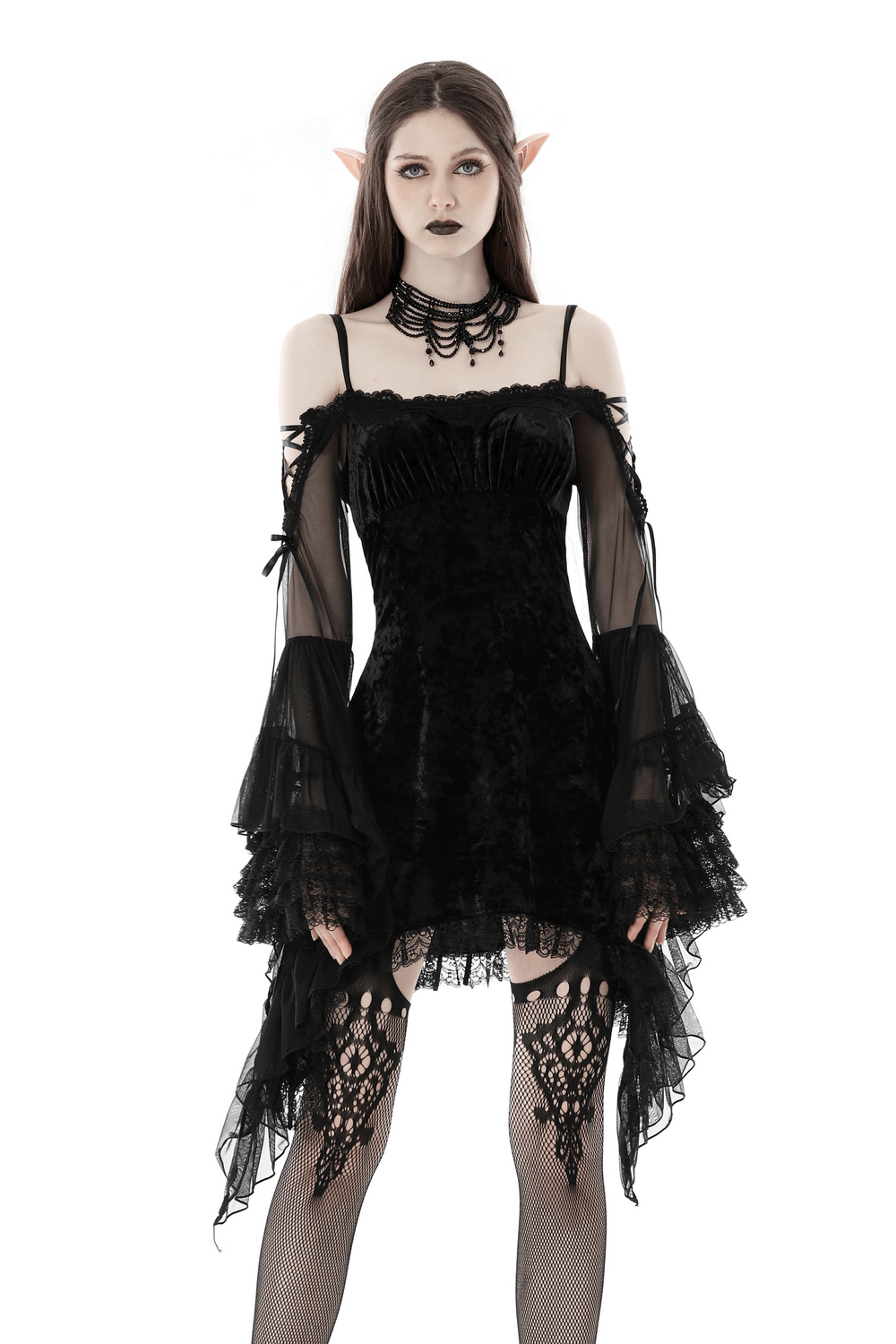 Dark Romance Off-Shoulder Velvet Dress with Lace Accents