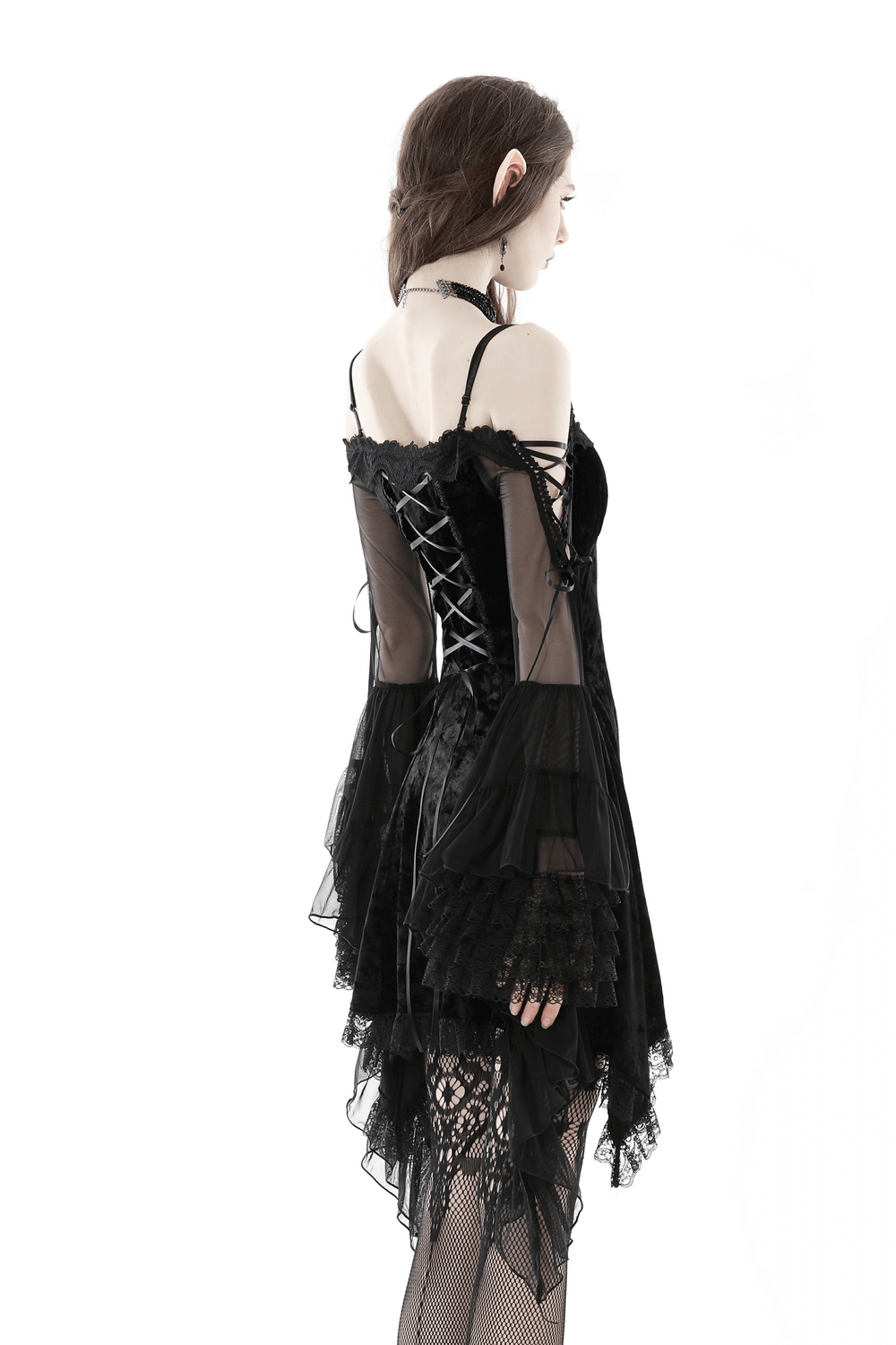Dark Romance Off-Shoulder Velvet Dress with Lace Accents