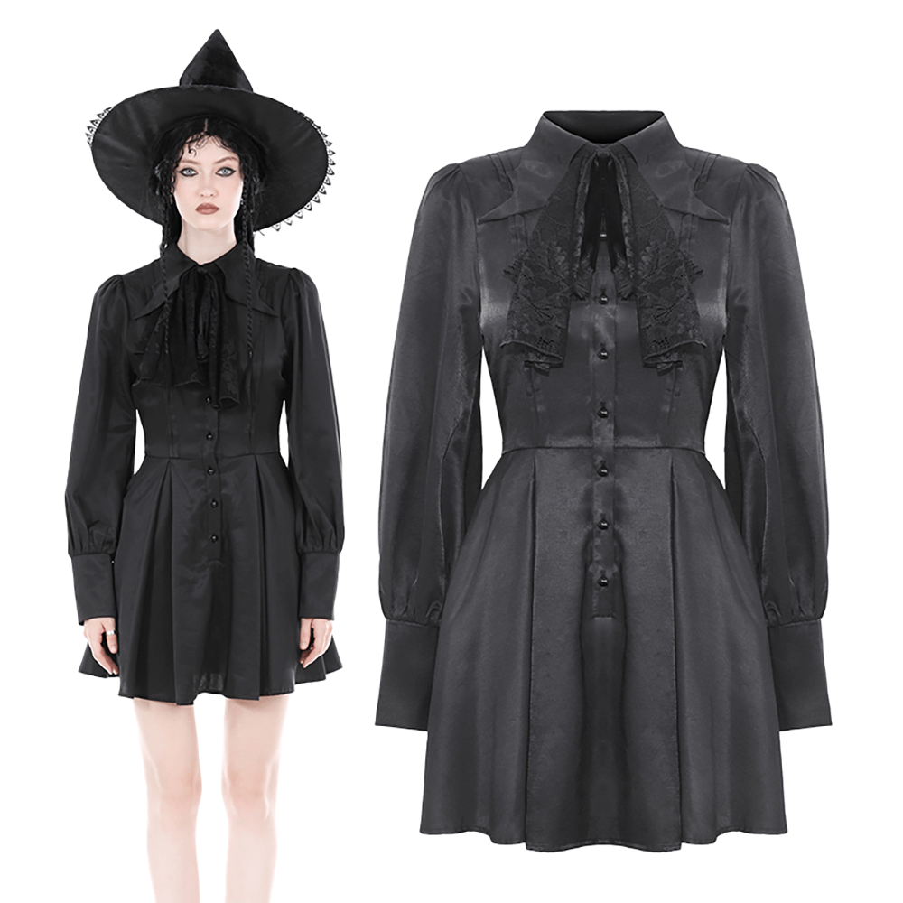 Gothic black ruffled neckline long-sleeved dress with button detail, styled with a witch hat for a Victorian vibe.