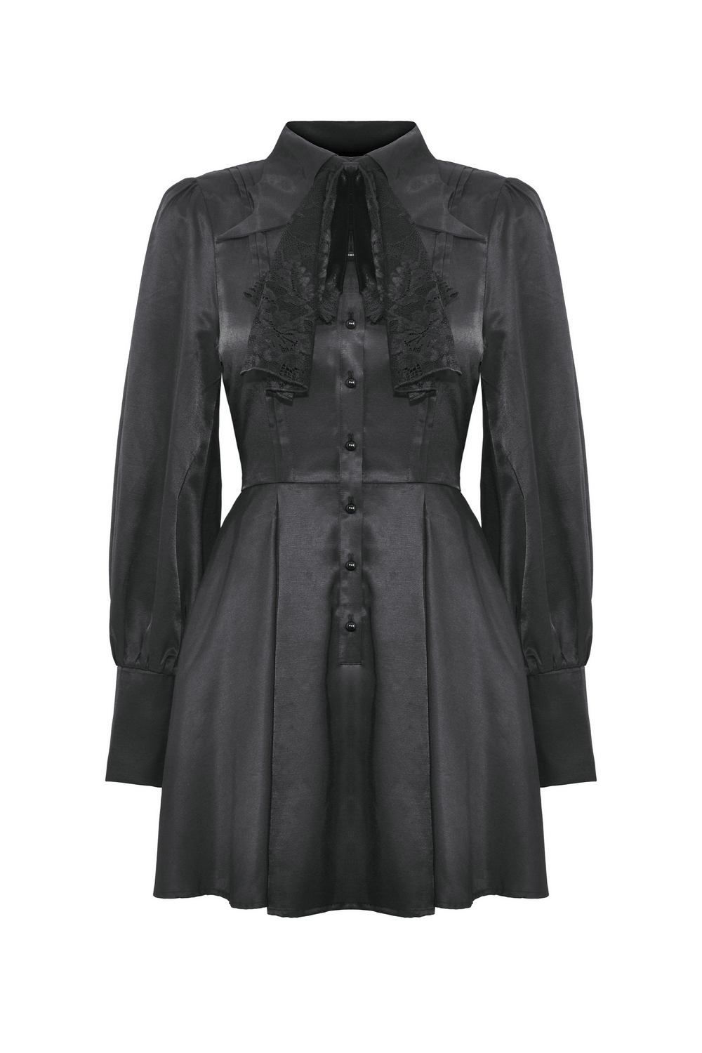 Black ruffle collar long-sleeved dress with button detail, perfect for a dark romance look.